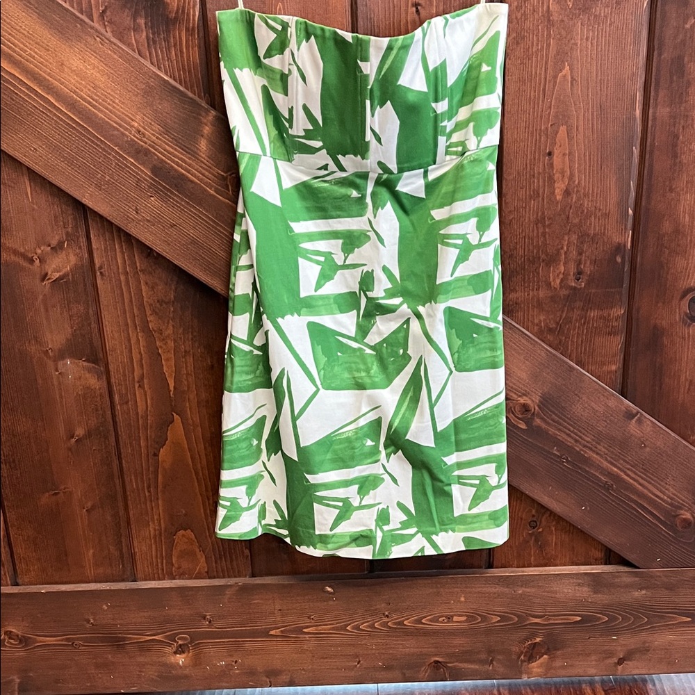Green and White Strapless Abstract Print Dress by Alice + Olivia